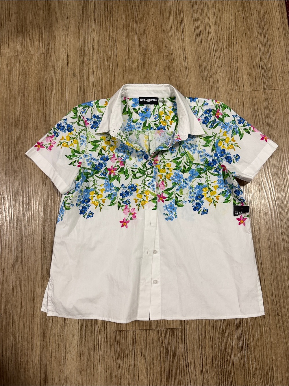 Karl Lagerfeld White Floral Short-Sleeve Button down Shirt M